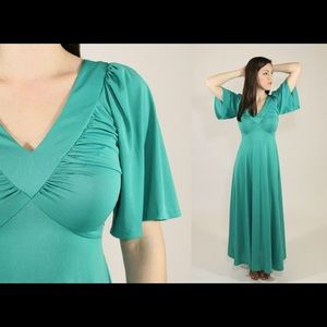 Vintage 1970s Emerald Green Maxi Dress with Cape